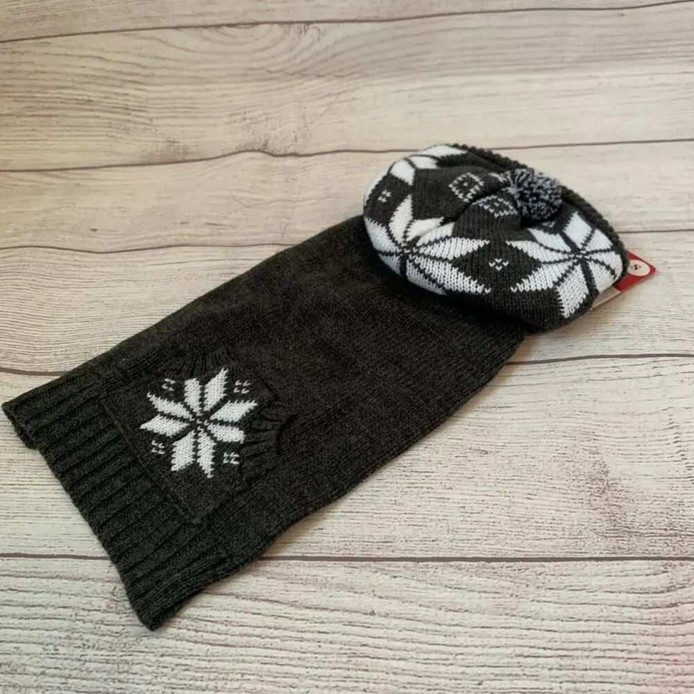 Friends Forever Gray and White Snowflake Dog Sweater with Pom Pom Hoodie Size S